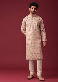 Beige White Embroidered Kurta Set In Silk