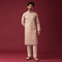 Beige White Embroidered Kurta Set In Silk