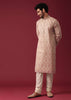 Beige White Embroidered Kurta Set In Silk