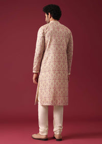 Beige White Embroidered Kurta Set In Silk