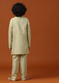 Beige White Patola Printed Jacket And Kurta Set In Silk For Boys