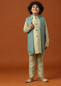 Beige White Patola Printed Jacket And Kurta Set In Silk For Boys