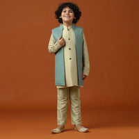 Beige White Patola Printed Jacket And Kurta Set In Silk For Boys