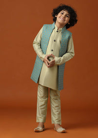 Beige White Patola Printed Jacket And Kurta Set In Silk For Boys