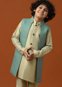 Beige White Patola Printed Jacket And Kurta Set In Silk For Boys