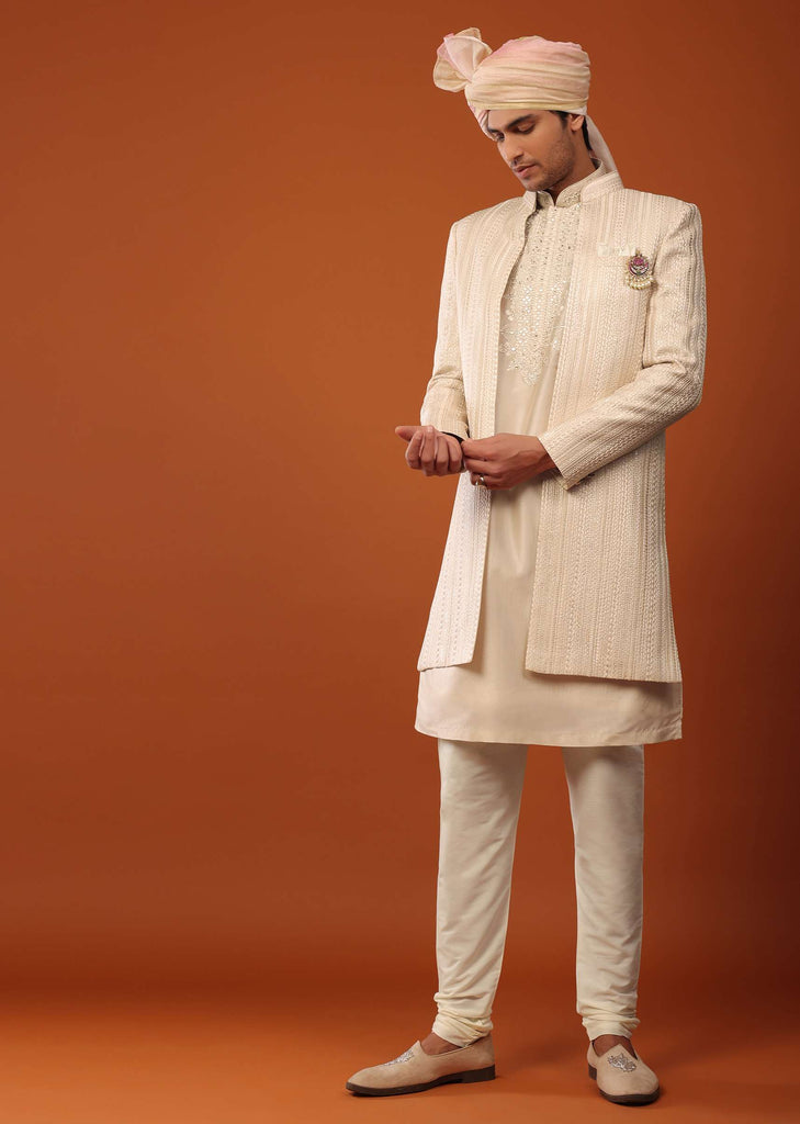 Beige Sherwani With Resham And Mirror Work