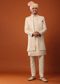 Beige Sherwani With Resham And Mirror Work