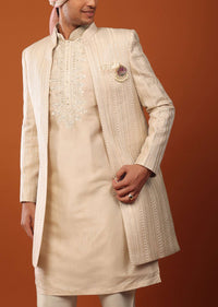 Beige Sherwani With Resham And Mirror Work