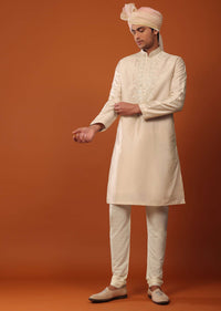 Beige Sherwani With Resham And Mirror Work