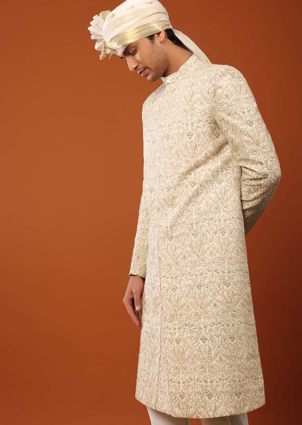 Beige White Sherwani Set In Silk With Threadwork