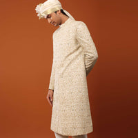 Beige White Sherwani Set In Silk With Threadwork