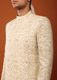 Beige White Sherwani Set In Silk With Threadwork