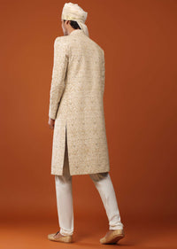 Beige White Sherwani Set In Silk With Threadwork