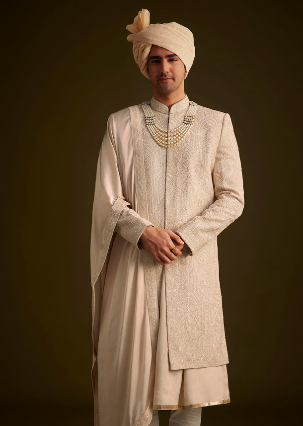 Beige Zardosi Embroidered Sherwani With Dupatta