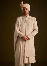 Beige Zardosi Embroidered Sherwani With Dupatta