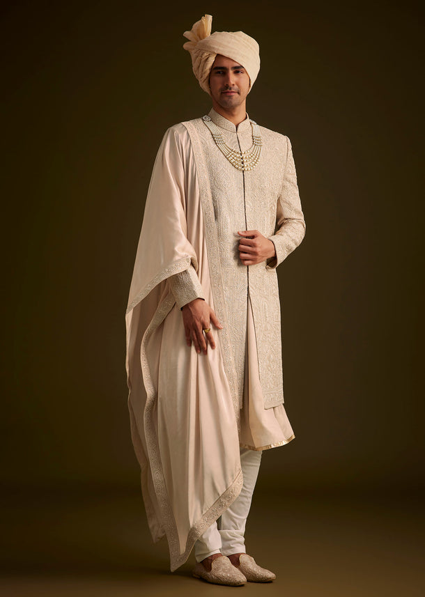 Beige Zardosi Embroidered Sherwani With Dupatta