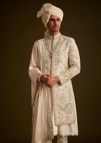 Beige Zardozi Embroidered Sherwani With Matching Dupatta