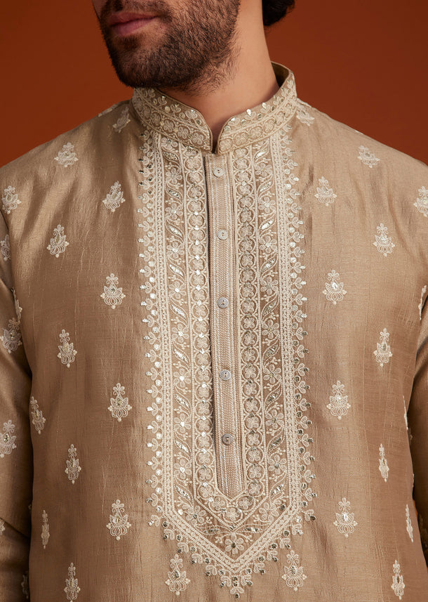 Beige Zari Embroidered Kurta Pajama Set