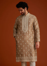 Beige Zari Embroidered Kurta Pajama Set
