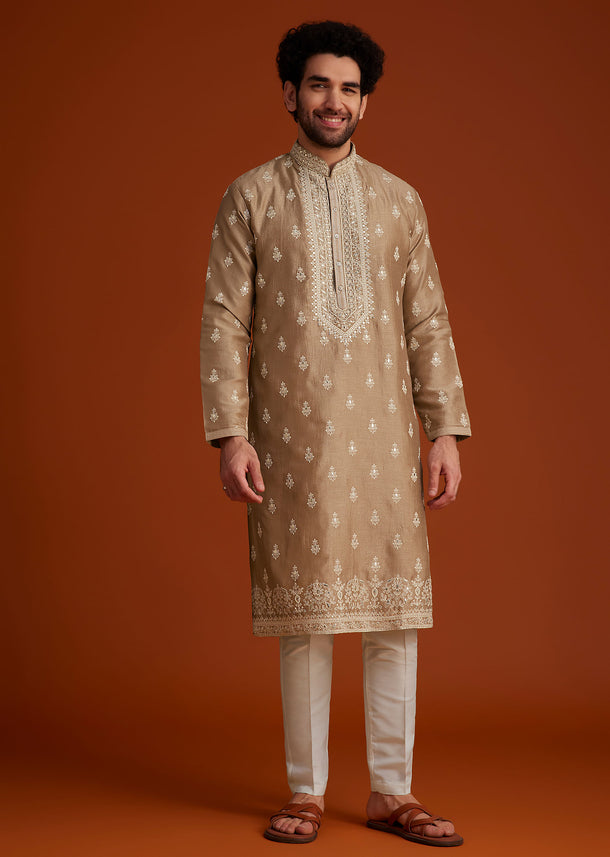 Beige Zari Embroidered Kurta Pajama Set