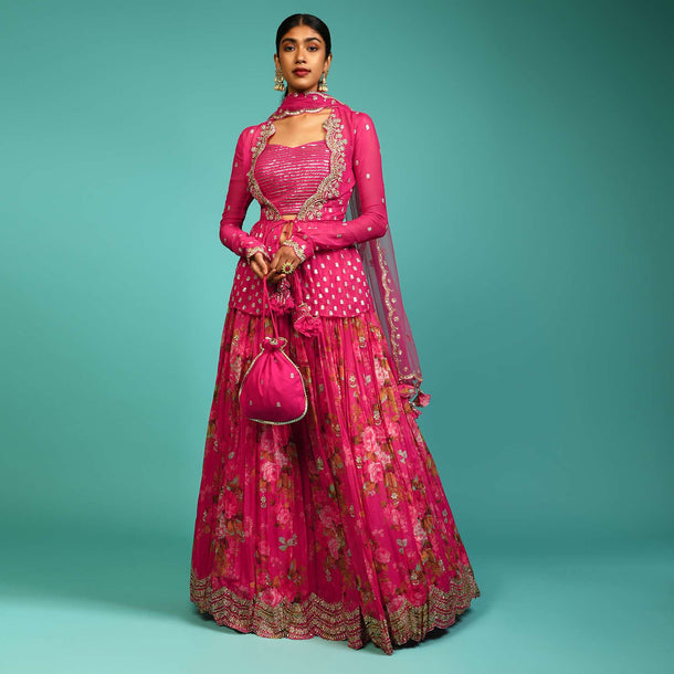 Berry Pink Lehenga Choli With Floral Print And Sequins Embroidered Peplum Jacket Online - Kalki Fashion