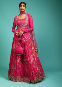 Berry Pink Lehenga Choli With Floral Print And Sequins Embroidered Peplum Jacket Online - Kalki Fashion