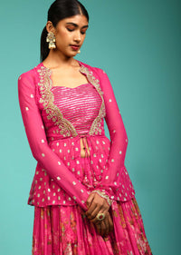 Berry Pink Lehenga Choli With Floral Print And Sequins Embroidered Peplum Jacket Online - Kalki Fashion