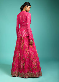 Berry Pink Lehenga Choli With Floral Print And Sequins Embroidered Peplum Jacket Online - Kalki Fashion