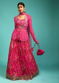 Berry Pink Lehenga Choli With Floral Print And Sequins Embroidered Peplum Jacket Online - Kalki Fashion