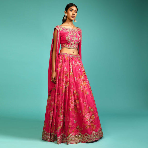 Berry Pink Lehenga Choli With Floral Print, Zari Embroidery And An Attached Cowl Drape At The Shoulders Online - Kalki Fashion