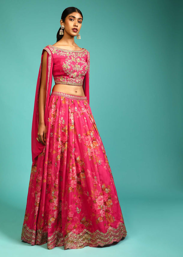 Berry Pink Lehenga Choli With Floral Print, Zari Embroidery And An Attached Cowl Drape At The Shoulders Online - Kalki Fashion