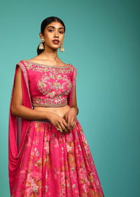 Berry Pink Lehenga Choli With Floral Print, Zari Embroidery And An Attached Cowl Drape At The Shoulders Online - Kalki Fashion