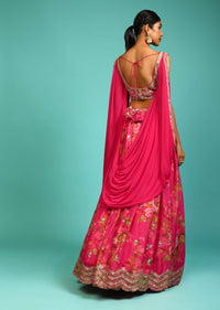 Berry Pink Lehenga Choli With Floral Print, Zari Embroidery And An Attached Cowl Drape At The Shoulders Online - Kalki Fashion