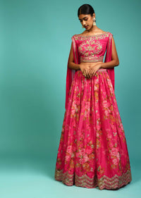 Berry Pink Lehenga Choli With Floral Print, Zari Embroidery And An Attached Cowl Drape At The Shoulders Online - Kalki Fashion