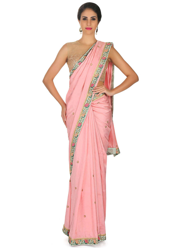 Berry pink saree in georgette with sequin butti and contrast border only on Kalki