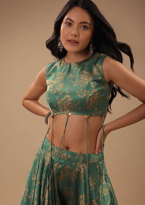Beryl Green Satin Blouse And Palazzo Pants With Floral Print And Asymmetric Hemline