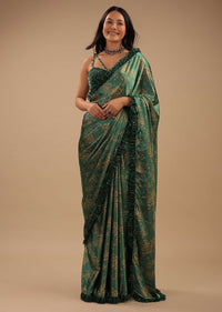 Beryl Green Satin Saree With Floral Print And Sequin Frill On The Border