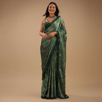 Beryl Green Satin Saree With Floral Print And Sequin Frill On The Border