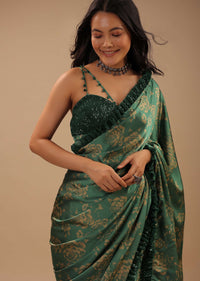 Beryl Green Satin Saree With Floral Print And Sequin Frill On The Border