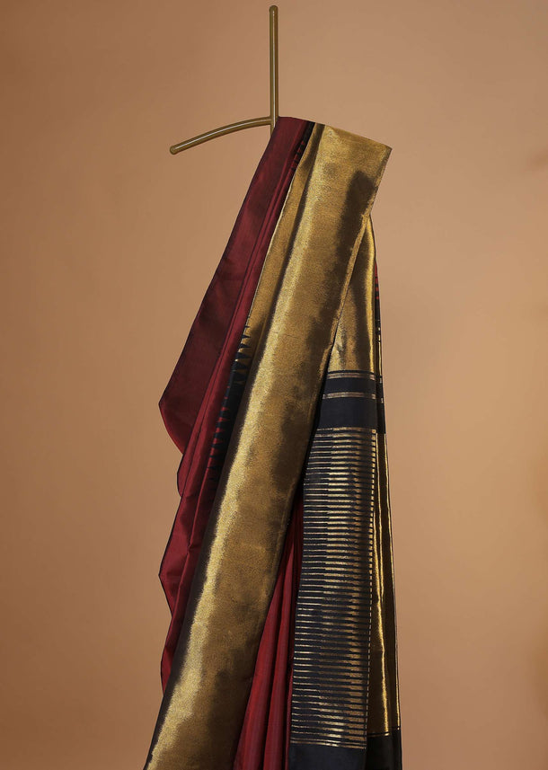 Blood Red Kanjivaram Silk Saree With A Beautiful Temple Border And Unstitched Blouse