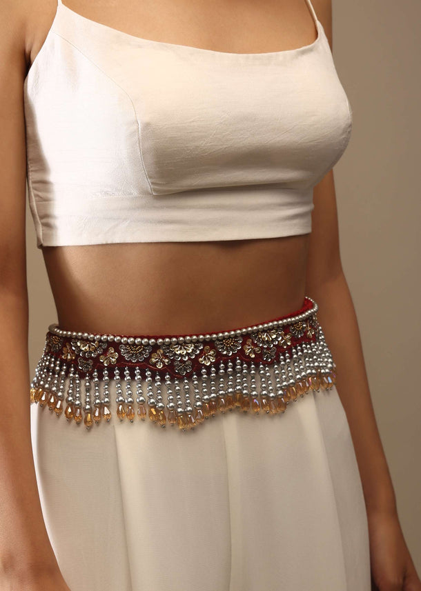 Biking Red Velvet Embroidered Belt With Moti Fringes