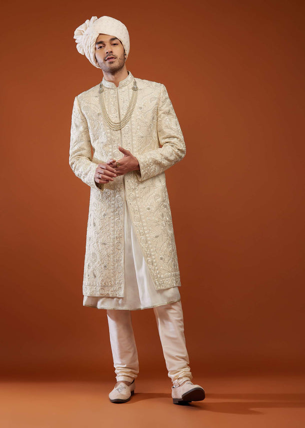 Cream White Embroidered Sherwani Set In Tussar Silk