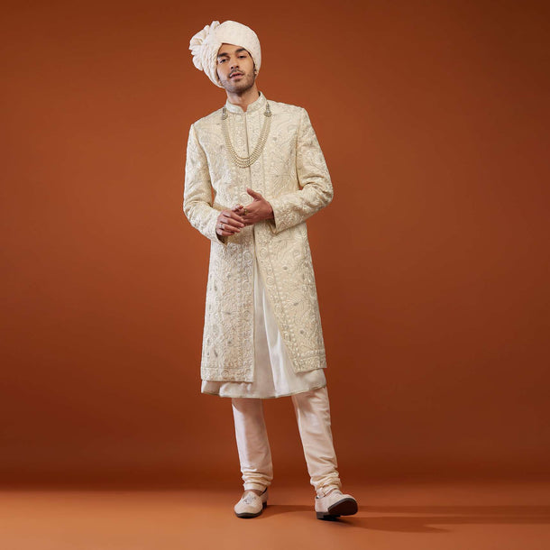 Cream White Embroidered Sherwani Set In Tussar Silk