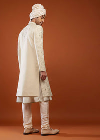 Cream White Embroidered Sherwani Set In Tussar Silk