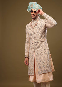 Champagne Brown Embroidered Silk Sherwani Set