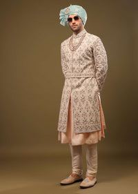 Champagne Brown Embroidered Silk Sherwani Set