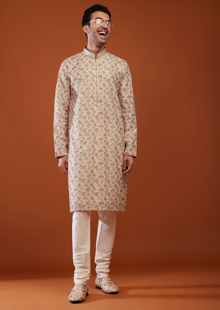 Beige White Lucknowi Kurta Set
