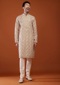 Beige White Lucknowi Kurta Set