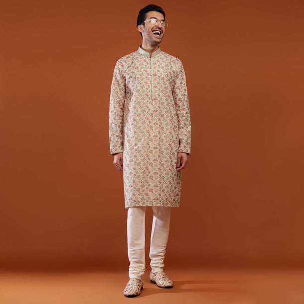 Beige White Lucknowi Kurta Set