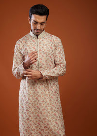 Beige White Lucknowi Kurta Set